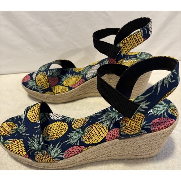 Monroe & Main Pineapple Wedge Heel Espadrilles Women's Sz 12 Navy Print Bohemian - Picture 4 of 8